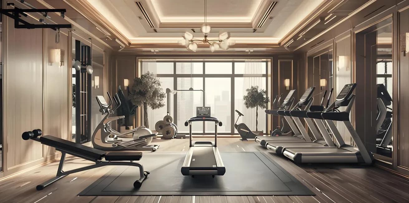 Residents’ gym with treadmills facing floor-to-ceiling windows