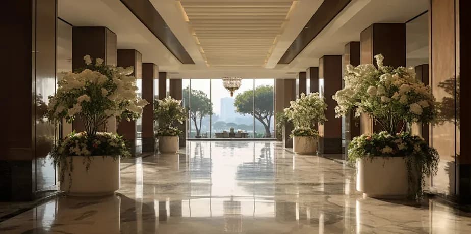 Marble lobby with a large floral arrangement