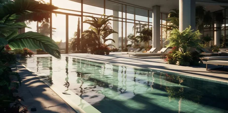 Infinity pool framed by tropical plants