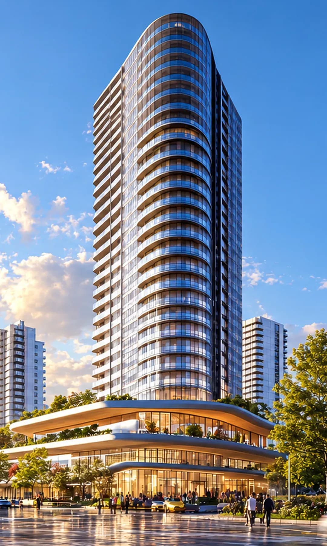 Curved glass residential tower above a tree-lined street