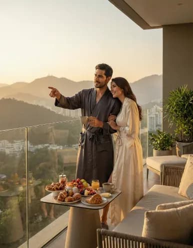Couple on a balcony looking out over the hills at sunset