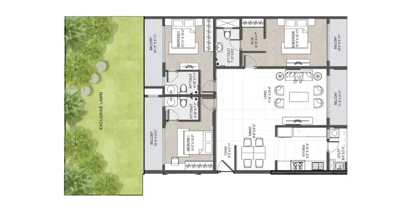 3 BHK unit floor plan with exclusive lawn