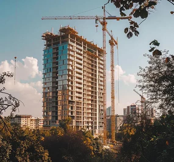 High-rise structure rising behind trees