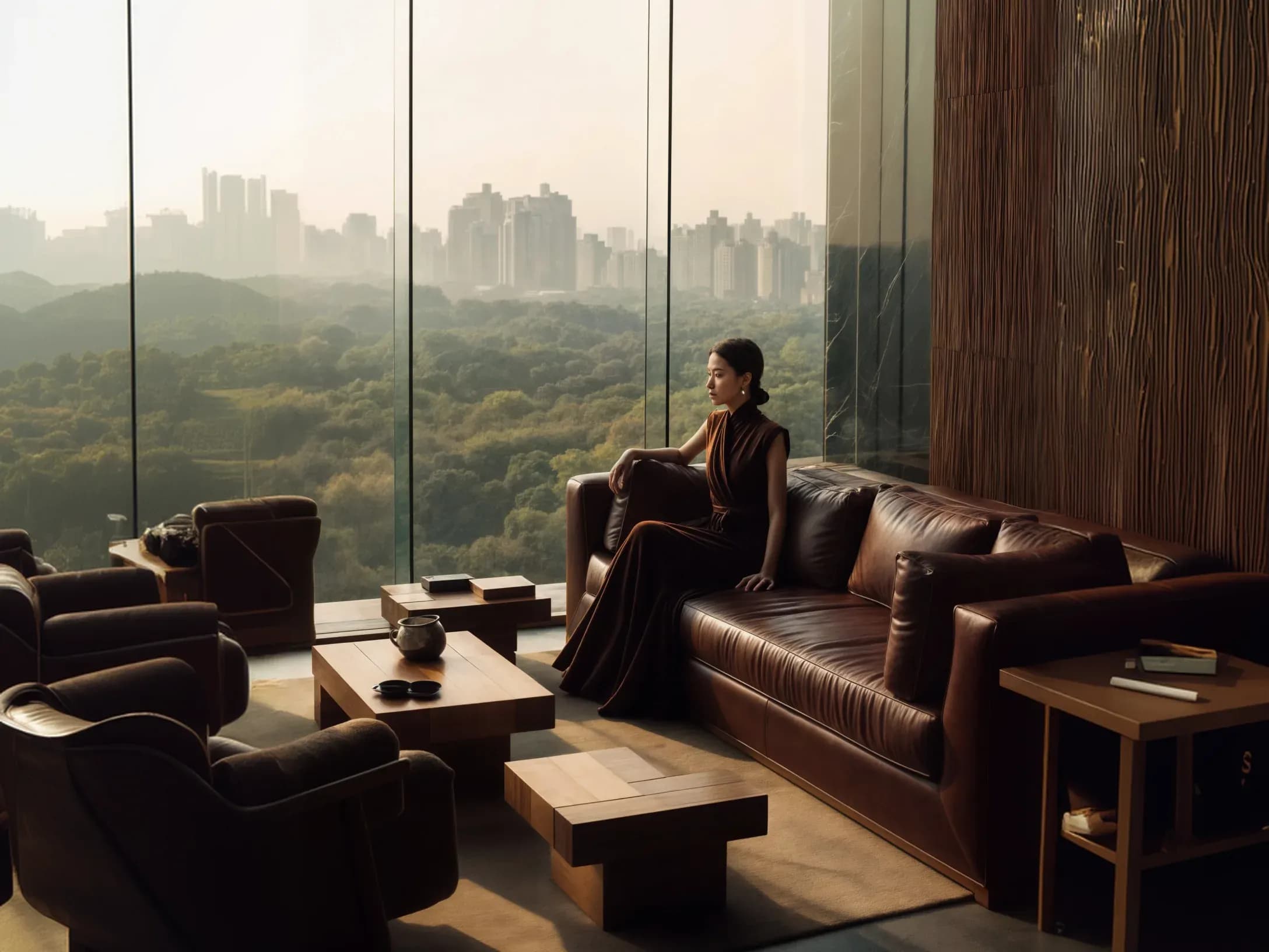 Luxury lounge overlooking a green city skyline