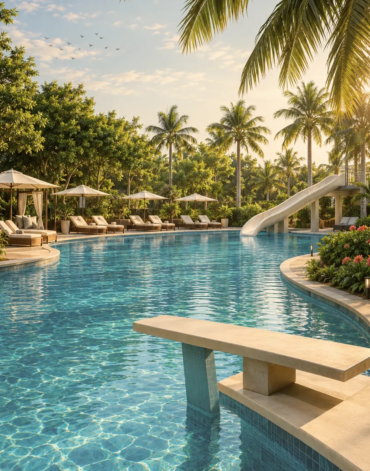 Resort-style swimming pool surrounded by palms