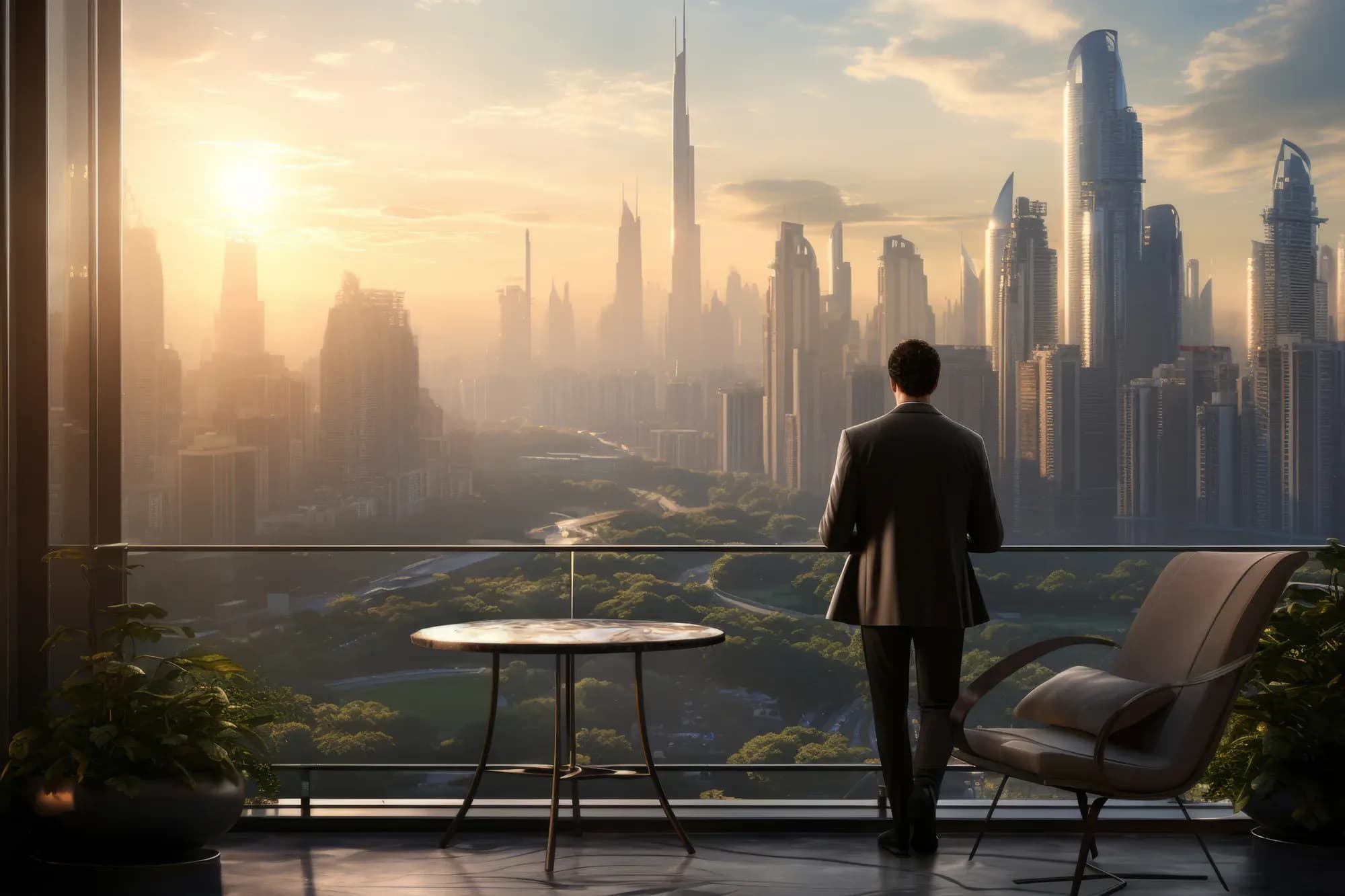 Man on a balcony overlooking a misty city skyline at sunrise