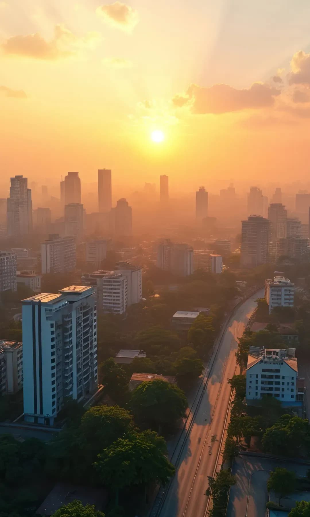 Sun setting over a dense city of high-rises and tree-lined roads
