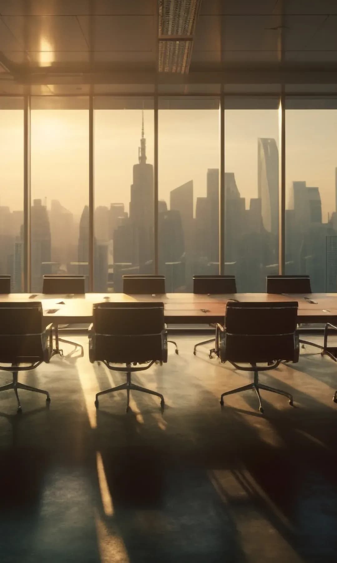 Boardroom with a long table overlooking the city skyline