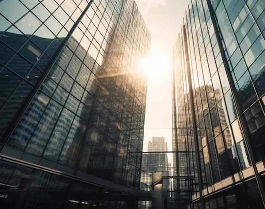 Looking up between glass office towers into the sun