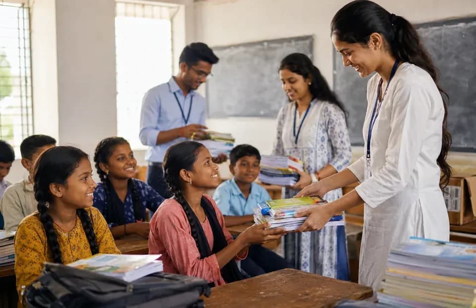 Volunteer handing out books to students in a classroom