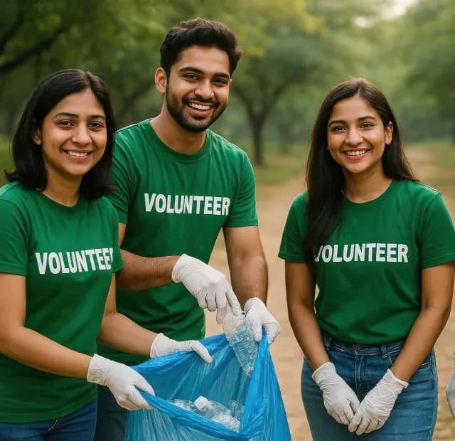 Volunteers in green T-shirts collecting litter