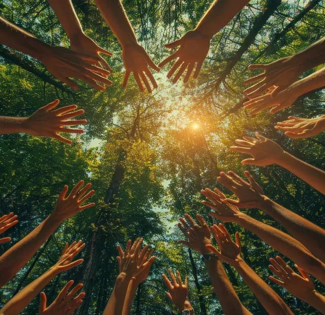 Hands raised together beneath a forest canopy
