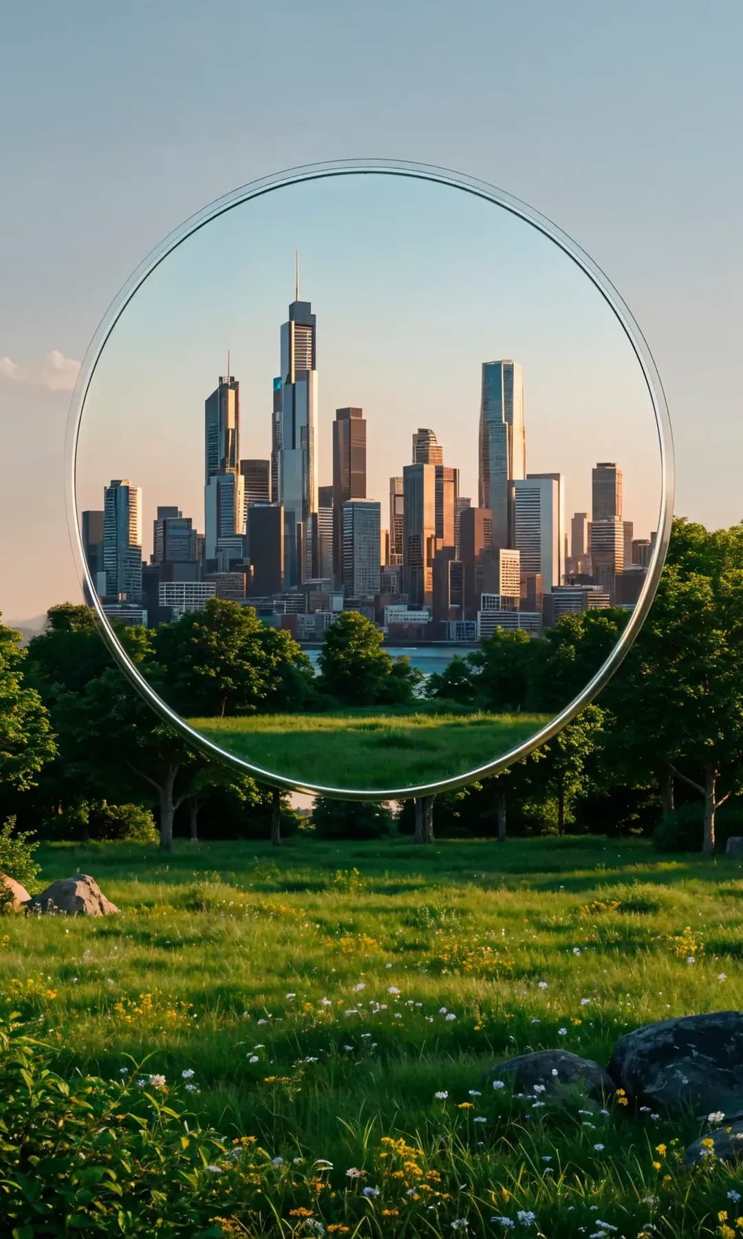 Green meadow at dusk with the city skyline framed in a glass circle