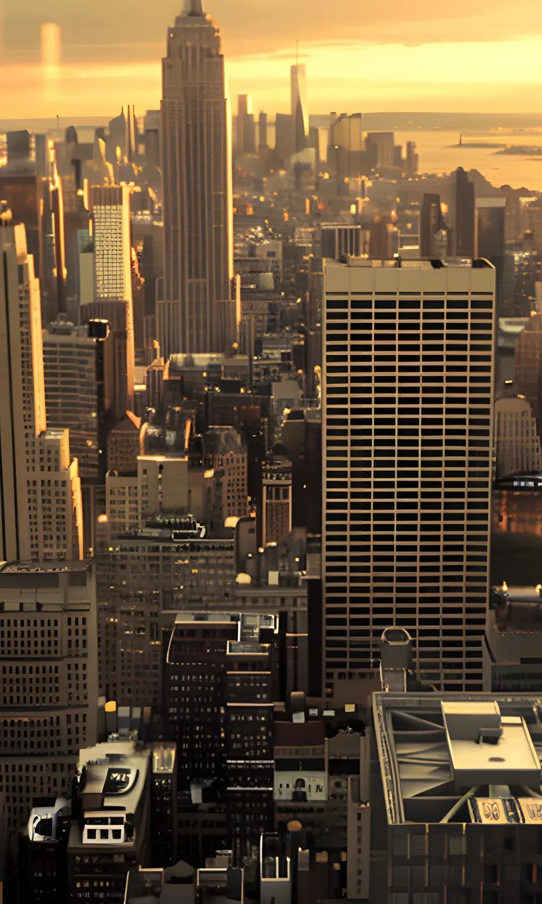 Aerial view of downtown skyscrapers at dusk